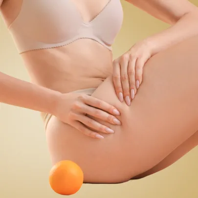 Cennik zabiegów według problemu w Kashmir Spa przedstawia zdjęcia ilustrujące efekty zabiegu antycellulitowego, kobieta w bieliźnie dotyka swojego uda obok pomarańczy, symbolizującej cellulit. Przewodnik.